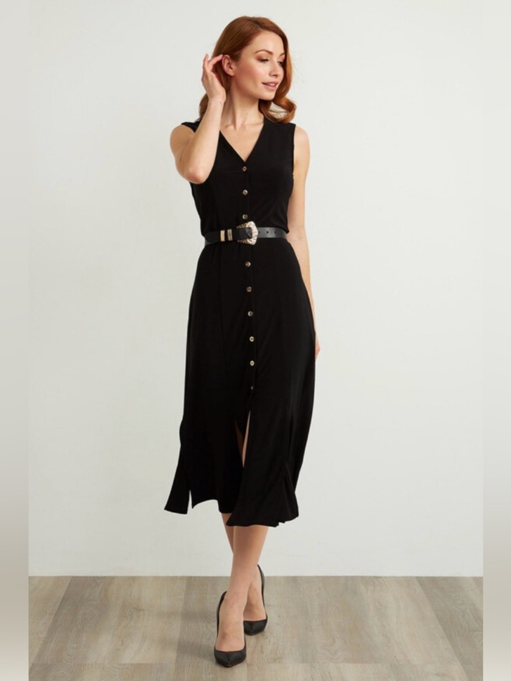Joseph Ribkoff Sleeveless Black Button-Front Midi Dress